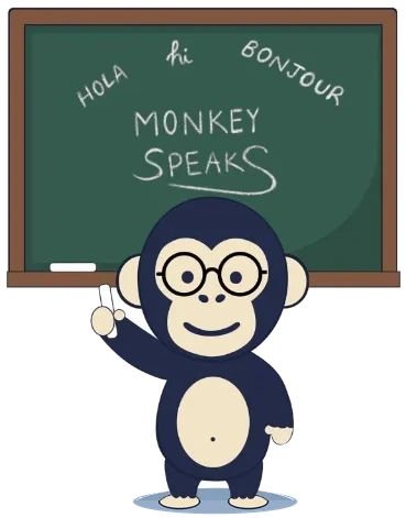El mono de Monkey Speaks saluda frente a una pizarra que dice Hola, hi, bonjour