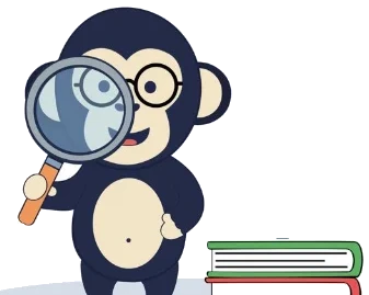 El mono de Monkey Speaks investiga con una lupa junto a una pila de libros
